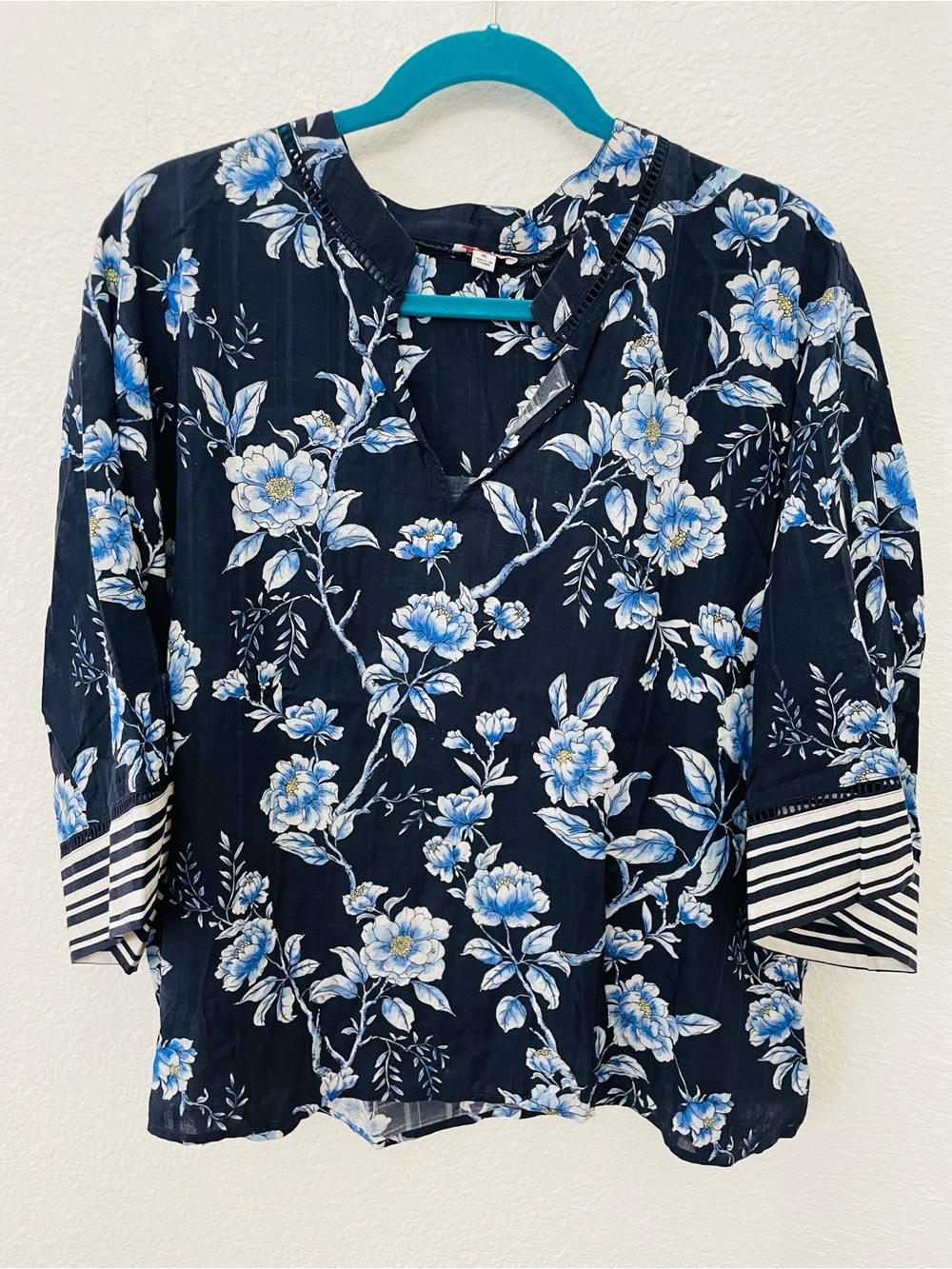 Johnny Was Navy Floral Split V-Neck Tunic with Blue Blossoms